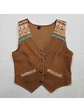 Brown Tribal Pattern Womens Vest Small Button Front Boho Western Festival